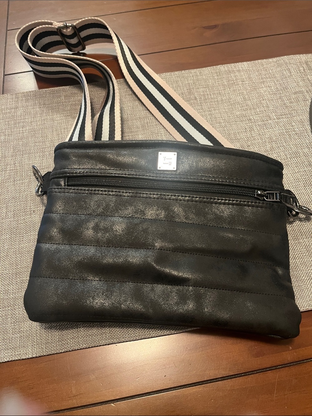 THINK ROYLN Black Quilted Crossbody with Striped Adjustable Strap